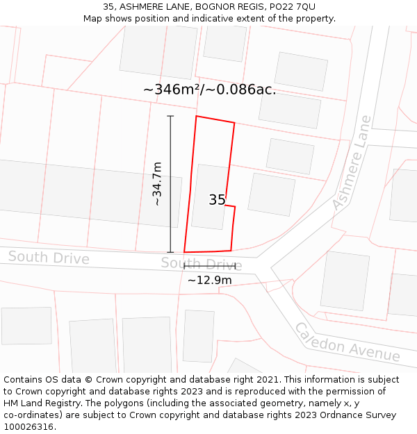 35, ASHMERE LANE, BOGNOR REGIS, PO22 7QU: Plot and title map