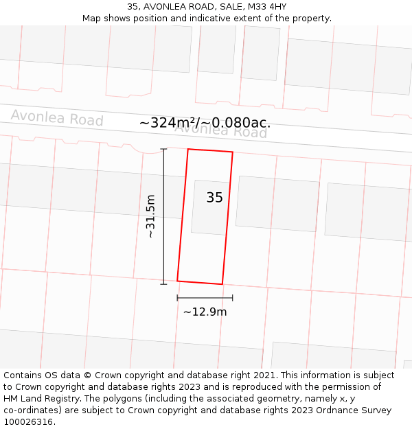 35, AVONLEA ROAD, SALE, M33 4HY: Plot and title map