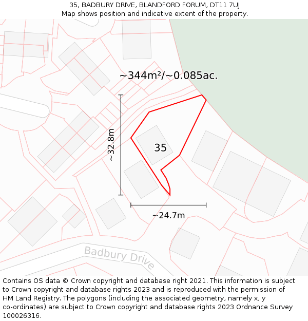 35, BADBURY DRIVE, BLANDFORD FORUM, DT11 7UJ: Plot and title map