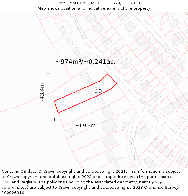 35, BAYNHAM ROAD, MITCHELDEAN, GL17 0JR: Plot and title map