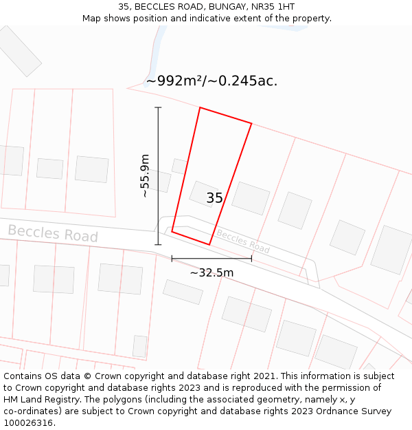 35, BECCLES ROAD, BUNGAY, NR35 1HT: Plot and title map