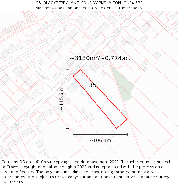 35, BLACKBERRY LANE, FOUR MARKS, ALTON, GU34 5BP: Plot and title map