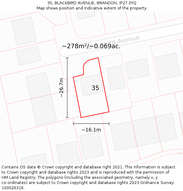 35, BLACKBIRD AVENUE, BRANDON, IP27 0YQ: Plot and title map