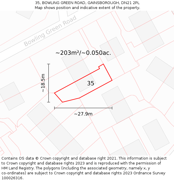 35, BOWLING GREEN ROAD, GAINSBOROUGH, DN21 2PL: Plot and title map