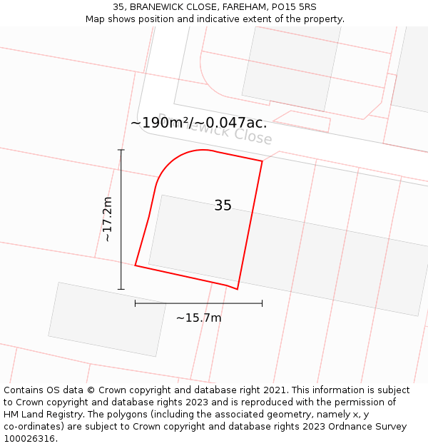 35, BRANEWICK CLOSE, FAREHAM, PO15 5RS: Plot and title map