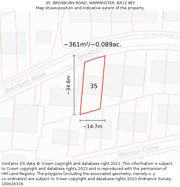 35, BROXBURN ROAD, WARMINSTER, BA12 8EY: Plot and title map