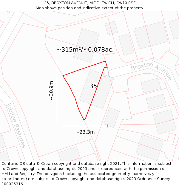 35, BROXTON AVENUE, MIDDLEWICH, CW10 0SE: Plot and title map