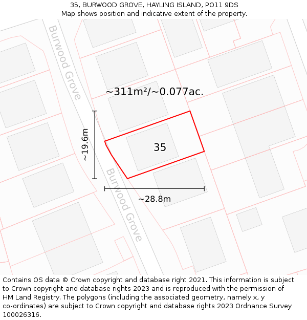 35, BURWOOD GROVE, HAYLING ISLAND, PO11 9DS: Plot and title map