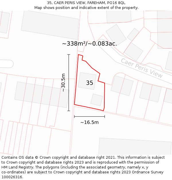 35, CAER PERIS VIEW, FAREHAM, PO16 8QL: Plot and title map