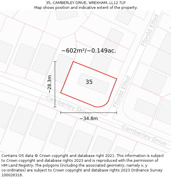 35, CAMBERLEY DRIVE, WREXHAM, LL12 7LP: Plot and title map