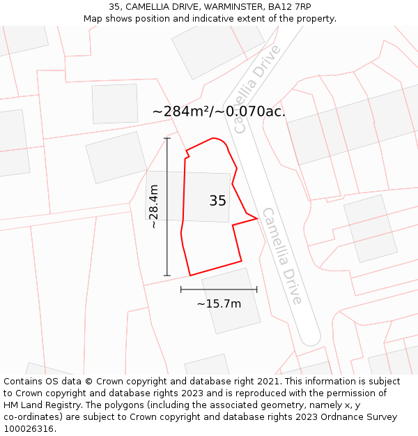 35, CAMELLIA DRIVE, WARMINSTER, BA12 7RP: Plot and title map