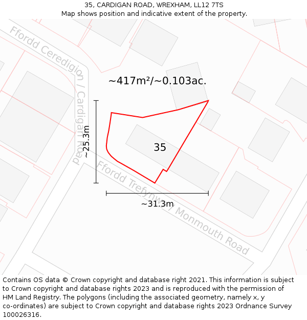 35, CARDIGAN ROAD, WREXHAM, LL12 7TS: Plot and title map