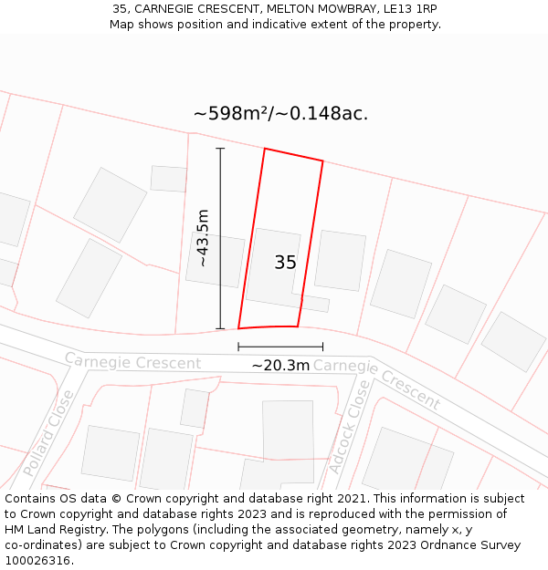 35, CARNEGIE CRESCENT, MELTON MOWBRAY, LE13 1RP: Plot and title map