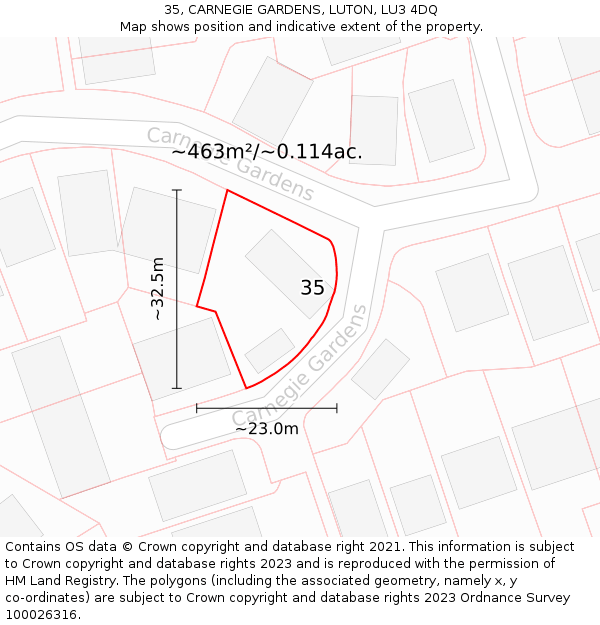 35, CARNEGIE GARDENS, LUTON, LU3 4DQ: Plot and title map