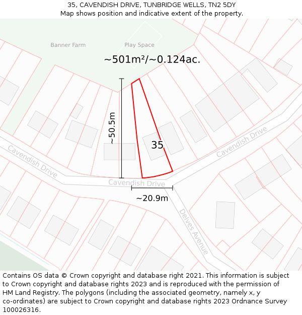 35, CAVENDISH DRIVE, TUNBRIDGE WELLS, TN2 5DY: Plot and title map