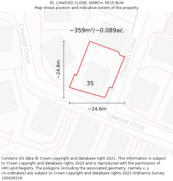 35, CAWOOD CLOSE, MARCH, PE15 8UW: Plot and title map