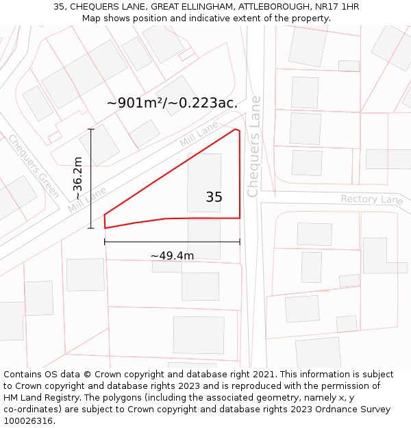 35, CHEQUERS LANE, GREAT ELLINGHAM, ATTLEBOROUGH, NR17 1HR: Plot and title map