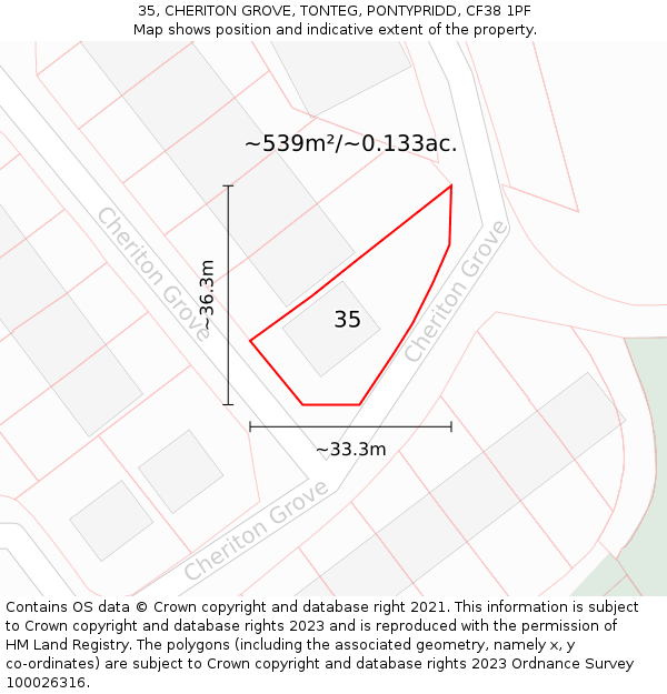 35, CHERITON GROVE, TONTEG, PONTYPRIDD, CF38 1PF: Plot and title map