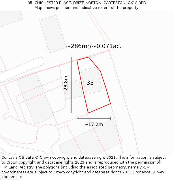 35, CHICHESTER PLACE, BRIZE NORTON, CARTERTON, OX18 3PD: Plot and title map