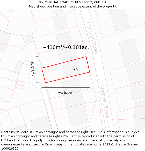 35, CHIGNAL ROAD, CHELMSFORD, CM1 2JA: Plot and title map