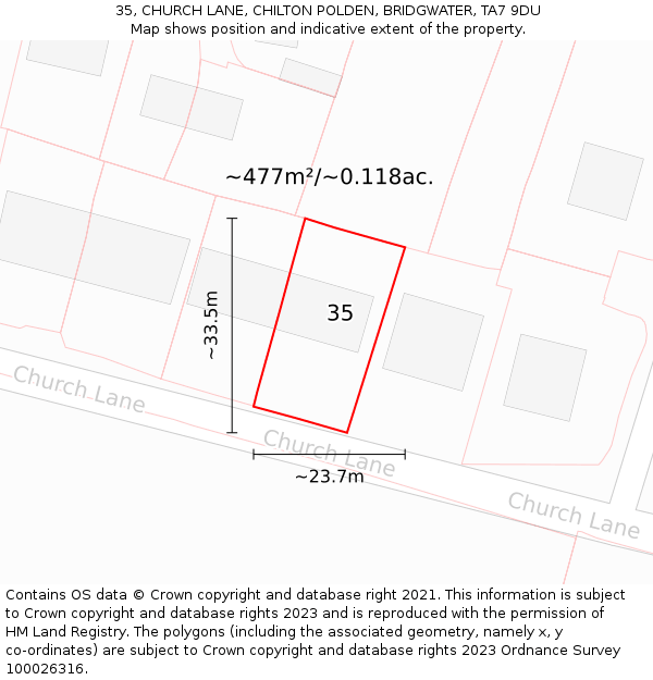 35, CHURCH LANE, CHILTON POLDEN, BRIDGWATER, TA7 9DU: Plot and title map