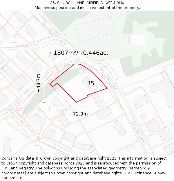 35, CHURCH LANE, MIRFIELD, WF14 9HX: Plot and title map