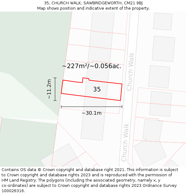 35, CHURCH WALK, SAWBRIDGEWORTH, CM21 9BJ: Plot and title map