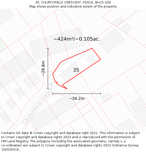 35, CHURCHFIELD CRESCENT, POOLE, BH15 2QS: Plot and title map