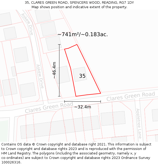 35, CLARES GREEN ROAD, SPENCERS WOOD, READING, RG7 1DY: Plot and title map