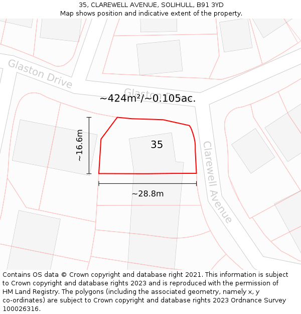 35, CLAREWELL AVENUE, SOLIHULL, B91 3YD: Plot and title map