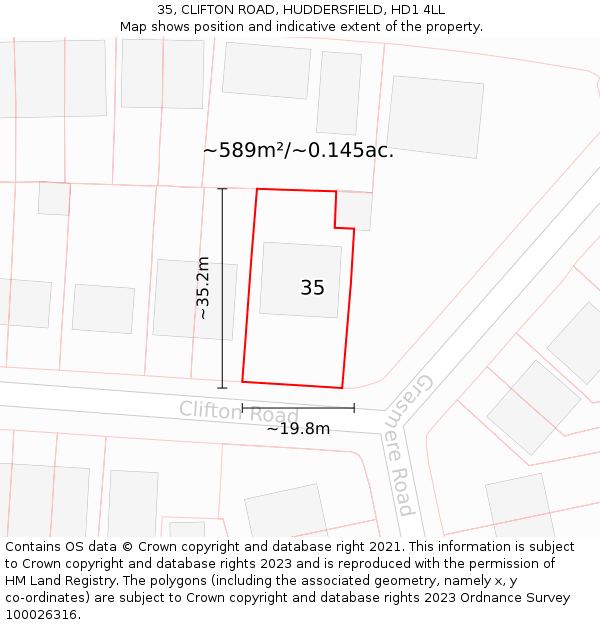 35, CLIFTON ROAD, HUDDERSFIELD, HD1 4LL: Plot and title map