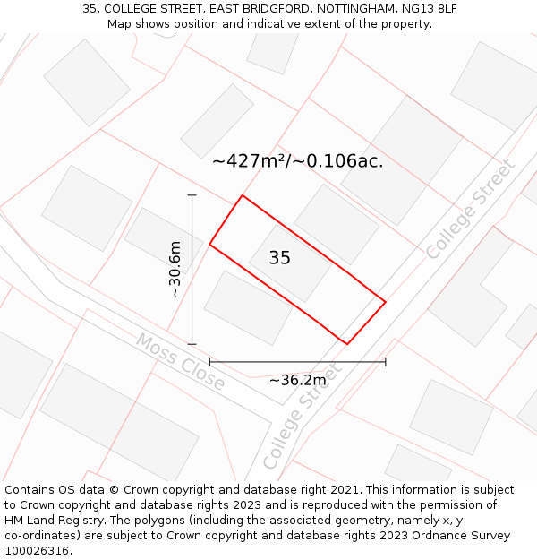 35, COLLEGE STREET, EAST BRIDGFORD, NOTTINGHAM, NG13 8LF: Plot and title map