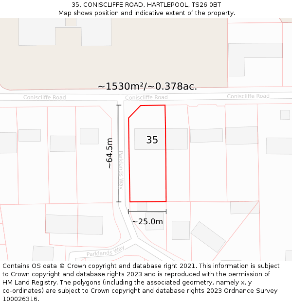 35, CONISCLIFFE ROAD, HARTLEPOOL, TS26 0BT: Plot and title map