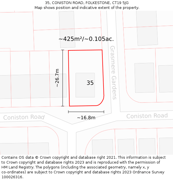 35, CONISTON ROAD, FOLKESTONE, CT19 5JG: Plot and title map