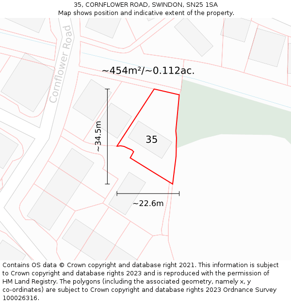 35, CORNFLOWER ROAD, SWINDON, SN25 1SA: Plot and title map