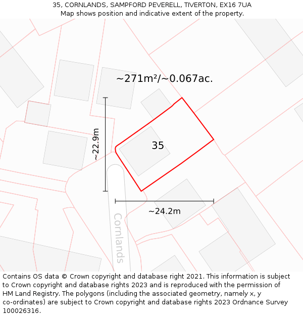 35, CORNLANDS, SAMPFORD PEVERELL, TIVERTON, EX16 7UA: Plot and title map