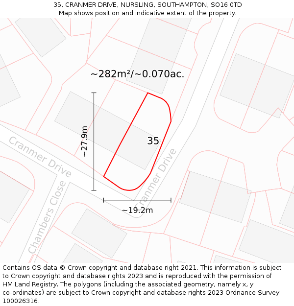 35, CRANMER DRIVE, NURSLING, SOUTHAMPTON, SO16 0TD: Plot and title map