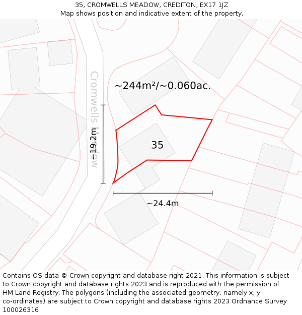 35, CROMWELLS MEADOW, CREDITON, EX17 1JZ: Plot and title map