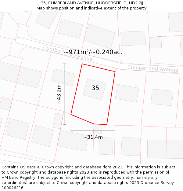 35, CUMBERLAND AVENUE, HUDDERSFIELD, HD2 2JJ: Plot and title map