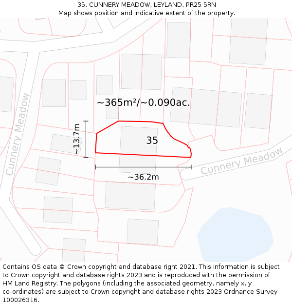 35, CUNNERY MEADOW, LEYLAND, PR25 5RN: Plot and title map