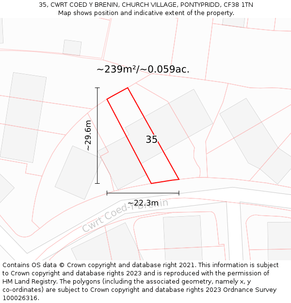 35, CWRT COED Y BRENIN, CHURCH VILLAGE, PONTYPRIDD, CF38 1TN: Plot and title map