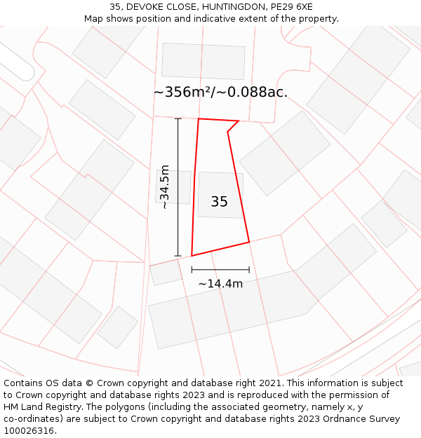 35, DEVOKE CLOSE, HUNTINGDON, PE29 6XE: Plot and title map