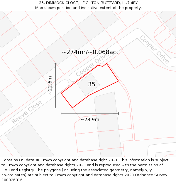 35, DIMMOCK CLOSE, LEIGHTON BUZZARD, LU7 4RY: Plot and title map