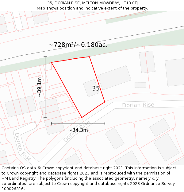 35, DORIAN RISE, MELTON MOWBRAY, LE13 0TJ: Plot and title map