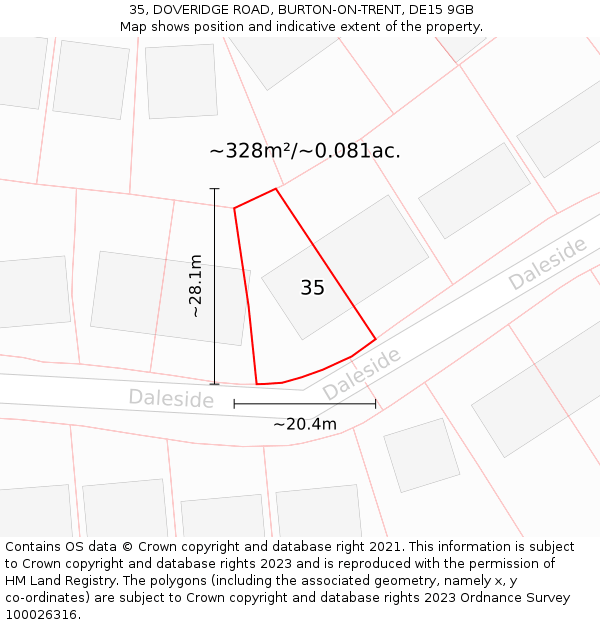 35, DOVERIDGE ROAD, BURTON-ON-TRENT, DE15 9GB: Plot and title map