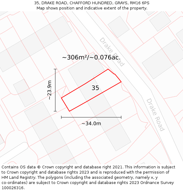 35, DRAKE ROAD, CHAFFORD HUNDRED, GRAYS, RM16 6PS: Plot and title map