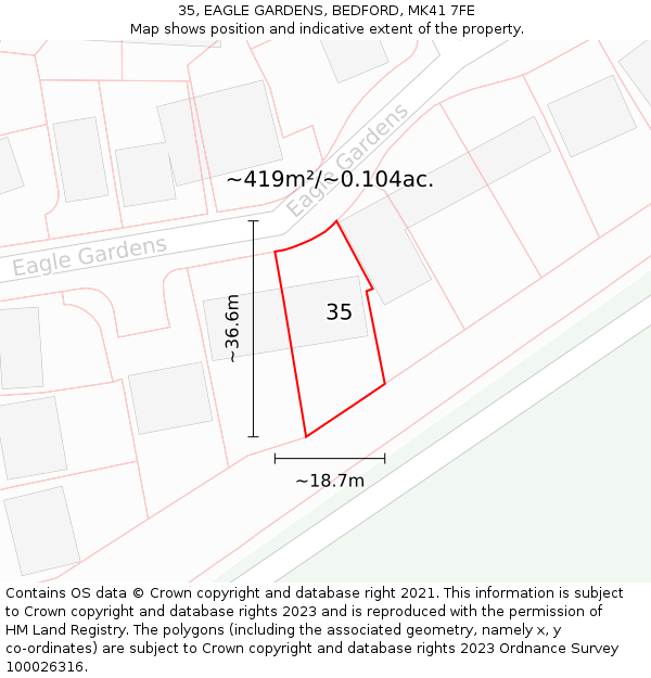 35, EAGLE GARDENS, BEDFORD, MK41 7FE: Plot and title map