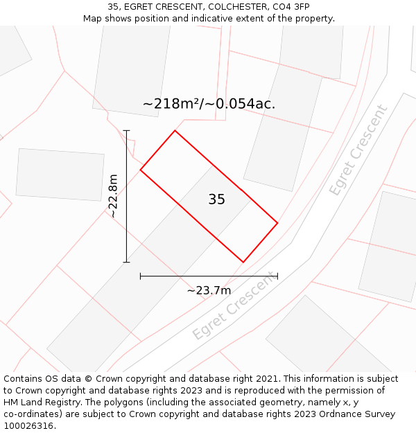 35, EGRET CRESCENT, COLCHESTER, CO4 3FP: Plot and title map