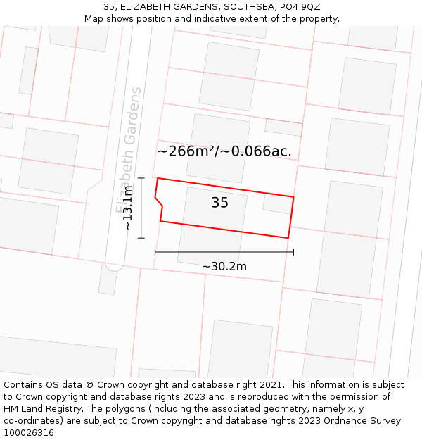 35, ELIZABETH GARDENS, SOUTHSEA, PO4 9QZ: Plot and title map