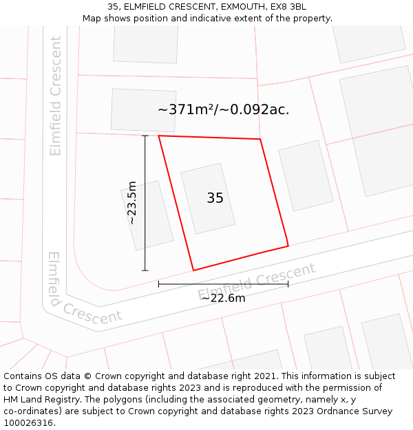 35, ELMFIELD CRESCENT, EXMOUTH, EX8 3BL: Plot and title map